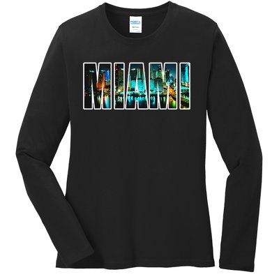 Miami Beach Urban Skyline City By Night Florida Usa Us Ladies Long Sleeve Shirt