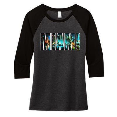 Miami Beach Urban Skyline City By Night Florida Usa Us Women's Tri-Blend 3/4-Sleeve Raglan Shirt