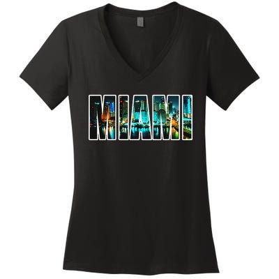 Miami Beach Urban Skyline City By Night Florida Usa Us Women's V-Neck T-Shirt