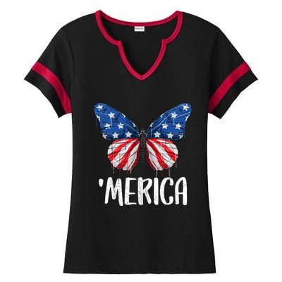 Merica Butterfly Usa Flag 4th Of July Us Gift Ladies Halftime Notch Neck Tee