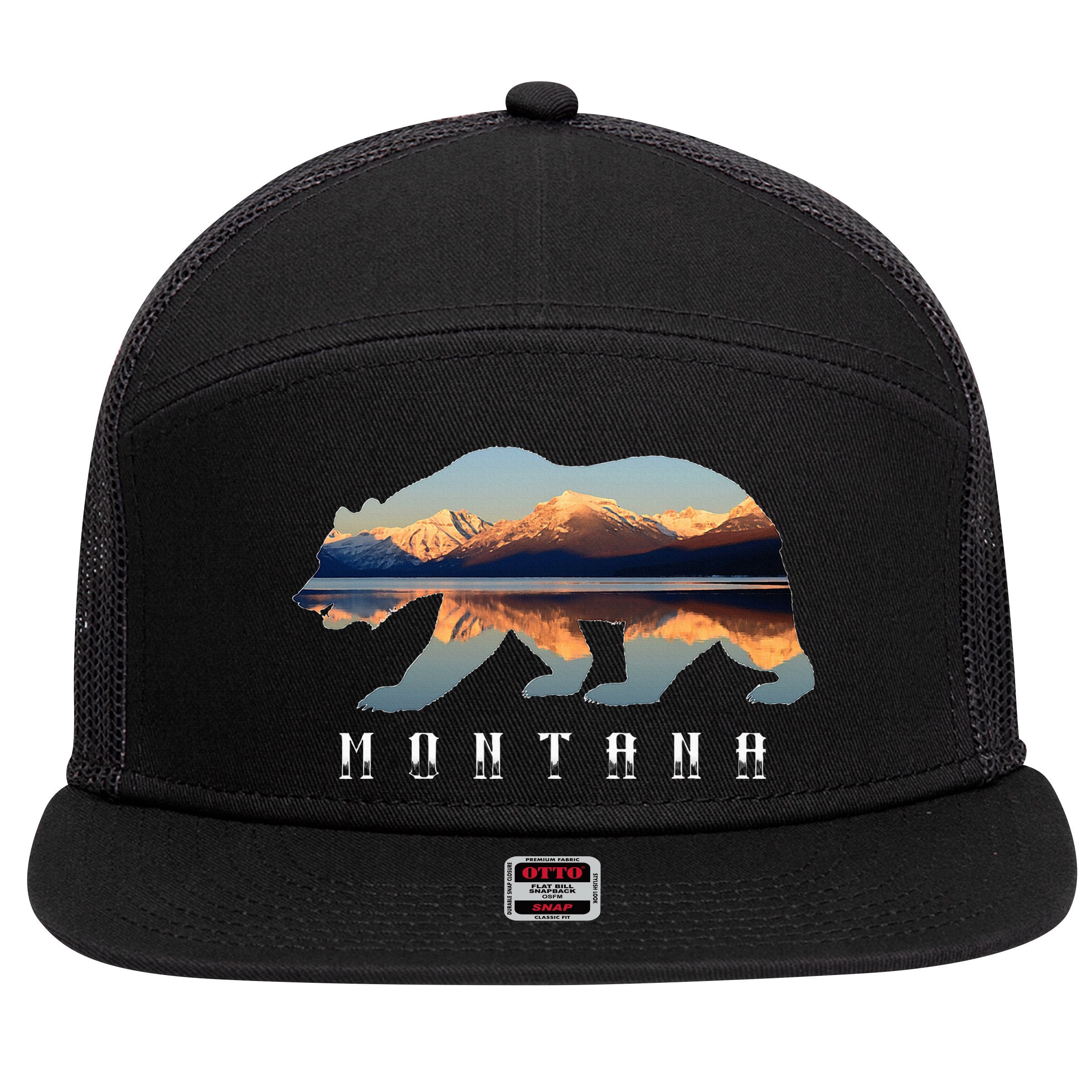 Montana Bear With Glacier National Park Lake Image Souvenir 7 Panel Mesh Trucker Snapback Hat