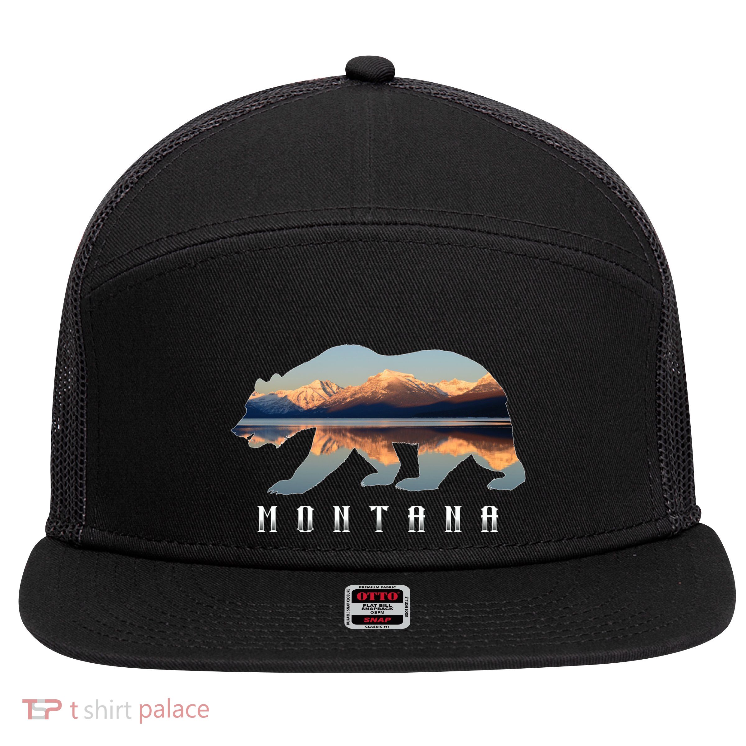 Montana Bear With Glacier National Park Lake Image Souvenir 7 Panel Mesh Trucker Snapback Hat