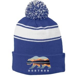 Montana Bear With Glacier National Park Lake Image Souvenir Stripe Pom Pom Beanie