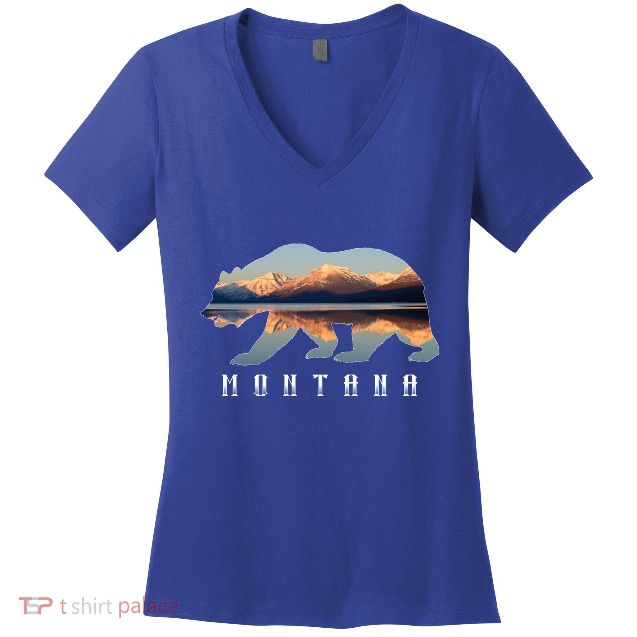 Montana Bear With Glacier National Park Lake Image Souvenir Women's V-Neck T-Shirt