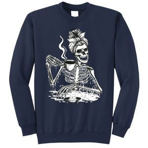 Messy Bun Women Skeleton Drinking Coffee Halloween Skeleton Sweat Sweatshirt