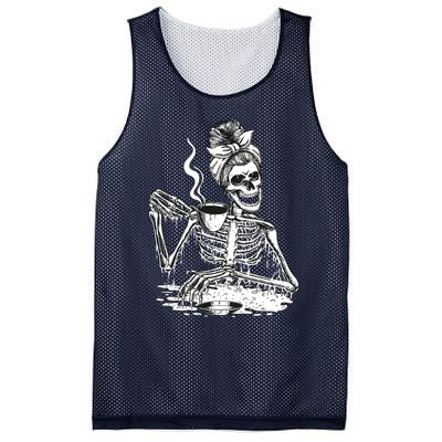 Messy Bun Women Skeleton Drinking Coffee Halloween Skeleton Sweat Mesh Reversible Basketball Jersey Tank