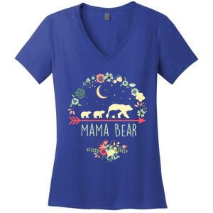 Mama Bear With 3 Cubs Funny Gift Floral Mothers Day Women's V-Neck T-Shirt