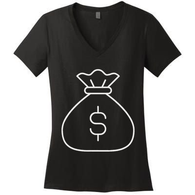 Money Bag With Dollar Sign Simple White Women's V-Neck T-Shirt