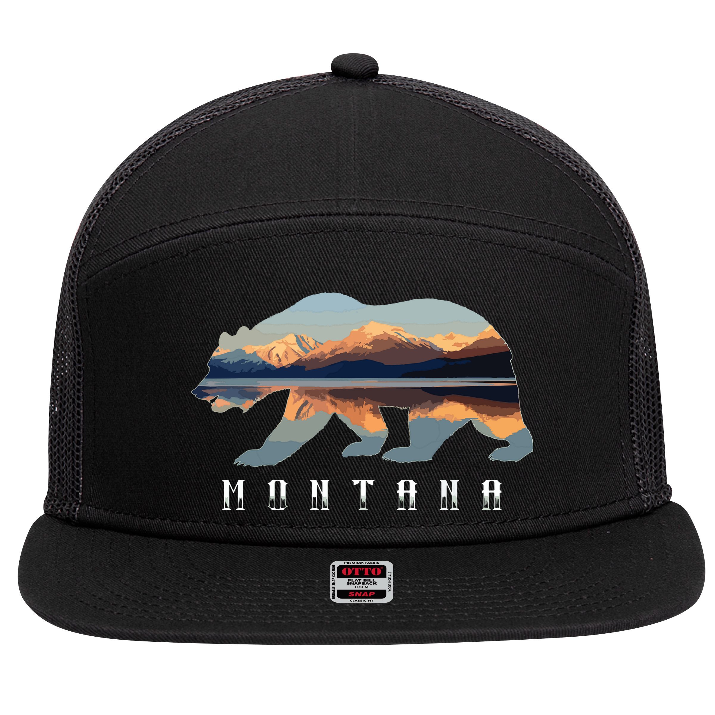Montana Bear With Glacier National Park Lake Image Souvenir 7 Panel Mesh Trucker Snapback Hat