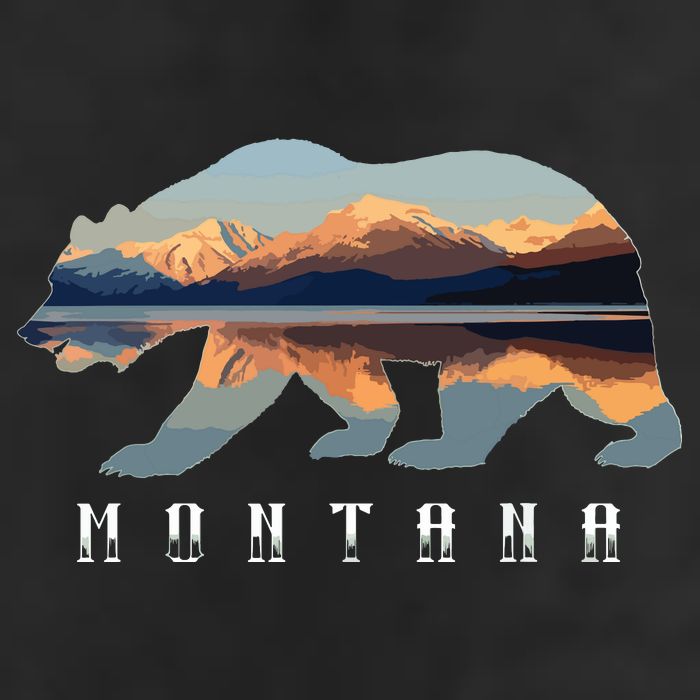 Montana Bear With Glacier National Park Lake Image Souvenir 7 Panel Mesh Trucker Snapback Hat