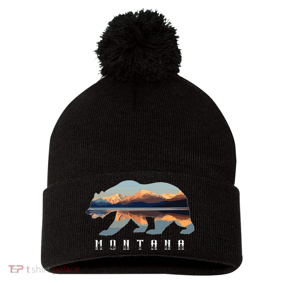 Montana Bear With Glacier National Park Lake Image Souvenir Pom Pom 12in Knit Beanie