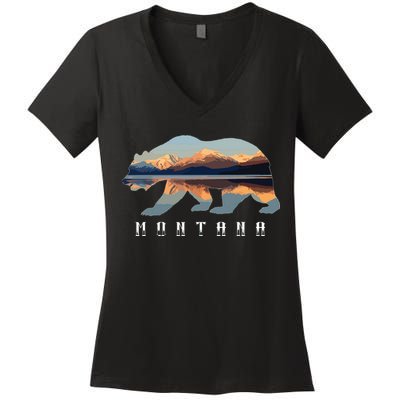 Montana Bear With Glacier National Park Lake Image Souvenir Women's V-Neck T-Shirt