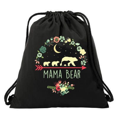 Mama Bear with 3 Cubs Floral Mother's Day Drawstring Bag