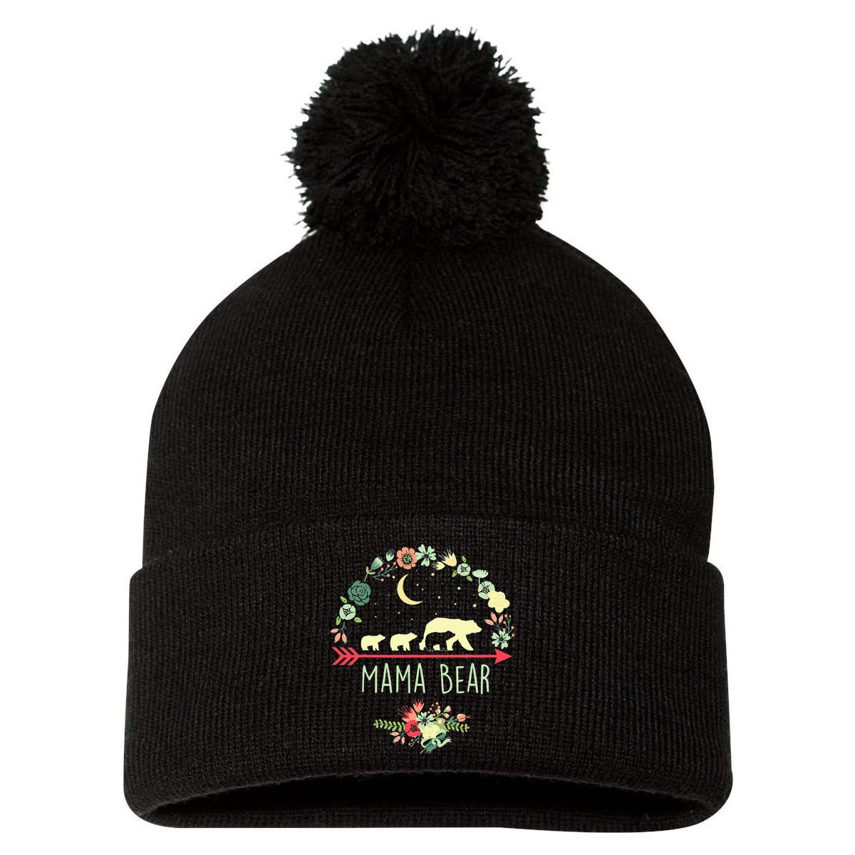 Mama Bear with 3 Cubs Floral Mother's Day Pom Pom 12in Knit Beanie