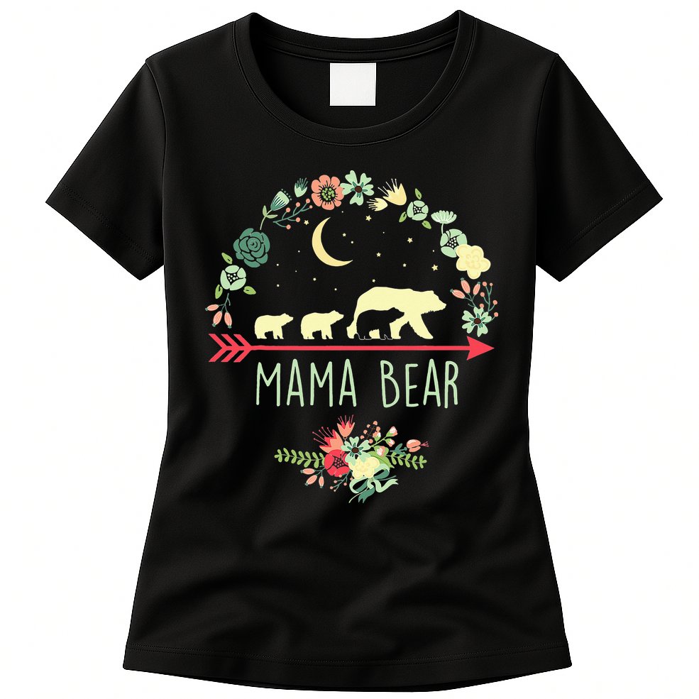 Mama Bear with 3 Cubs Floral Mother's Day Womens T-Shirt