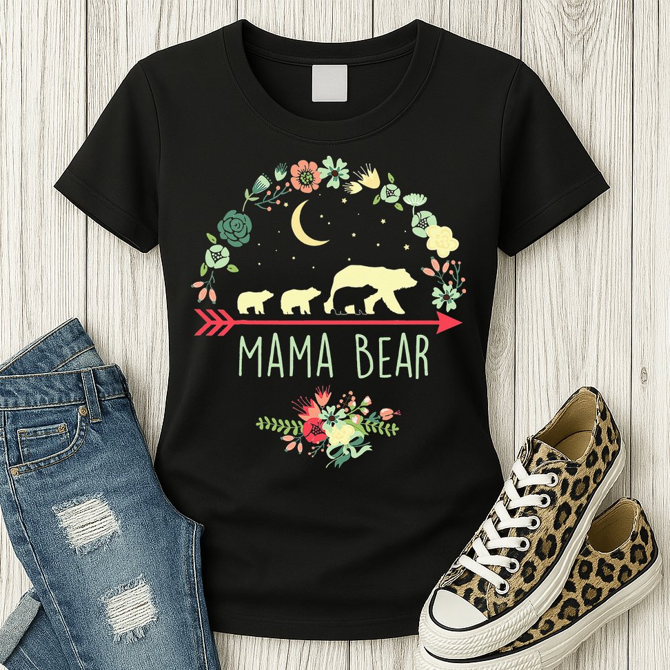 Mama Bear with 3 Cubs Floral Mother's Day Womens T-Shirt