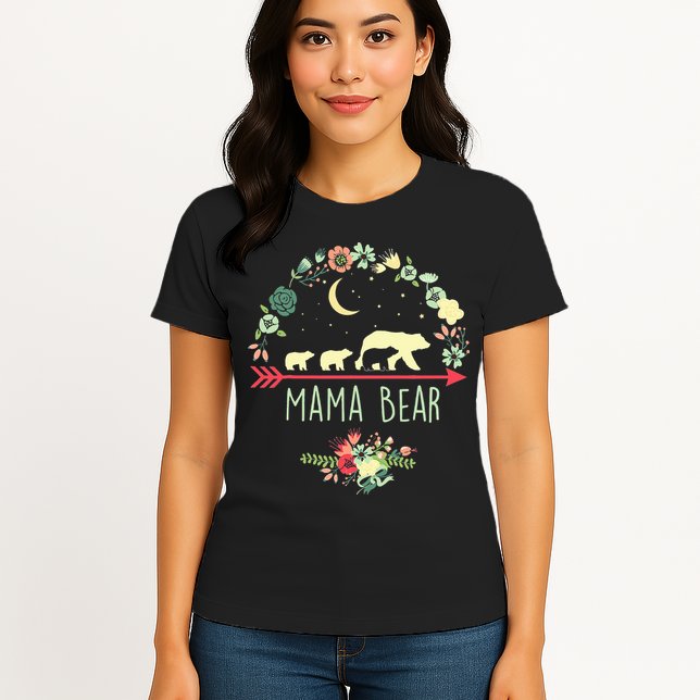 Mama Bear with 3 Cubs Floral Mother's Day Womens T-Shirt