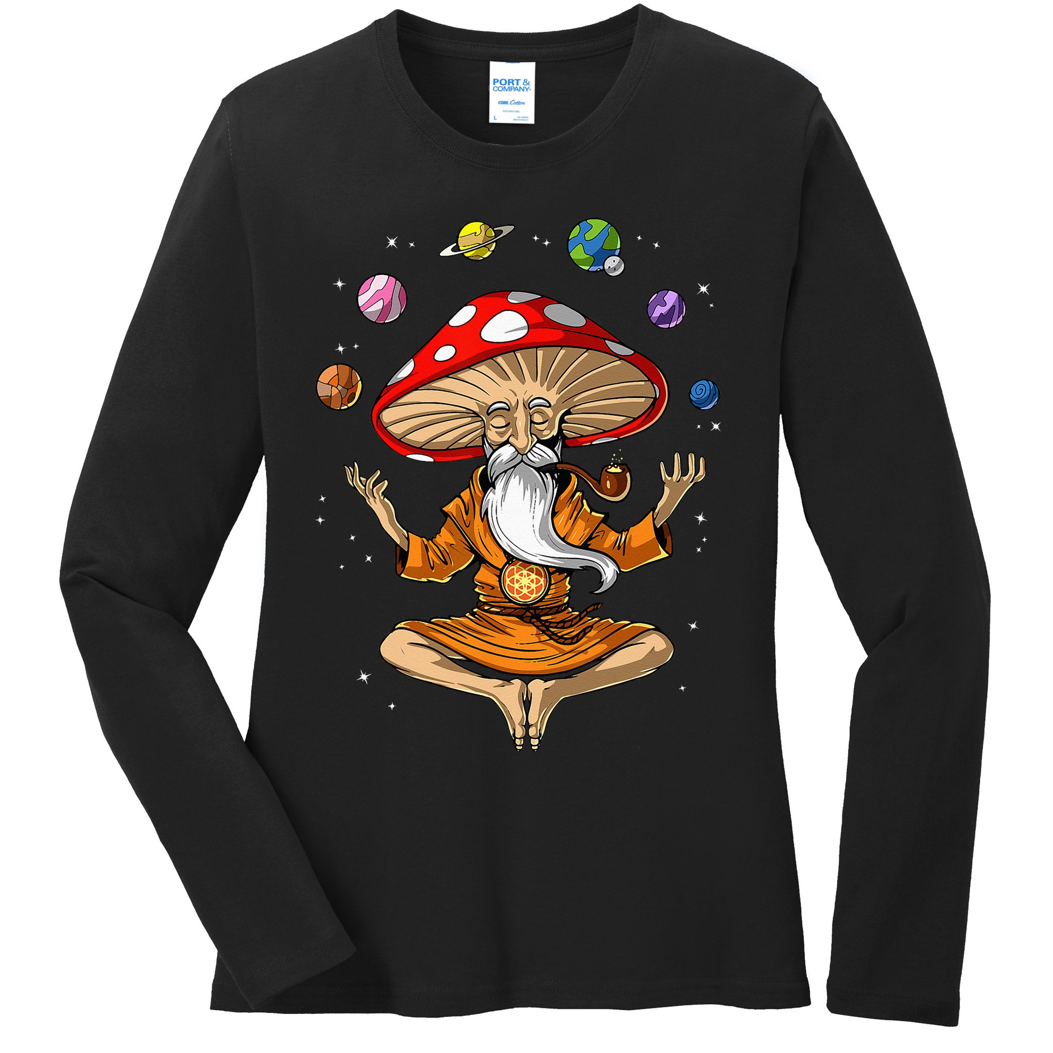 Mushroom Buddha Zen Yoga Meditation Psychedelic Hippie Fungi Ladies Long Sleeve Shirt