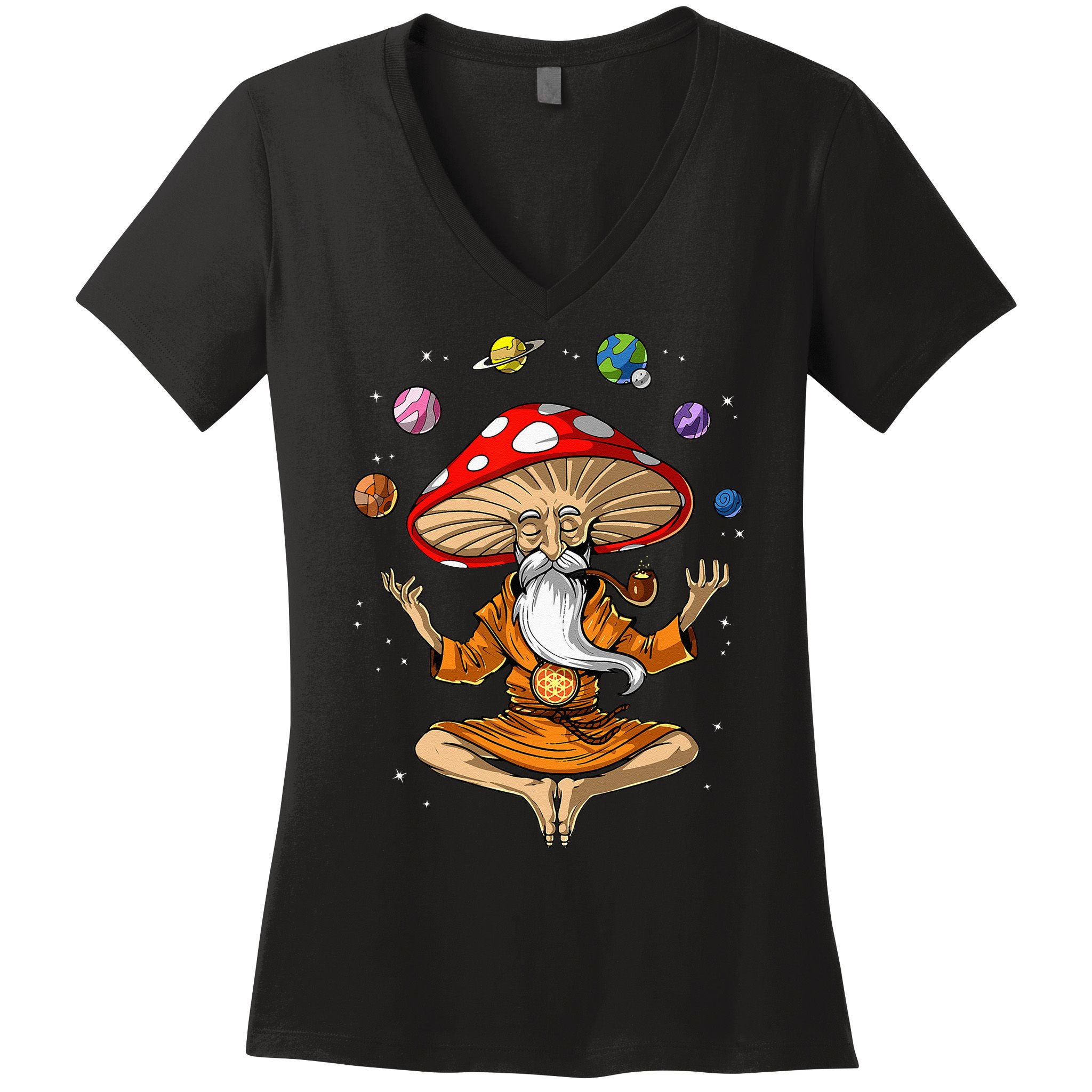 Mushroom Buddha Zen Yoga Meditation Psychedelic Hippie Fungi Women's V-Neck T-Shirt