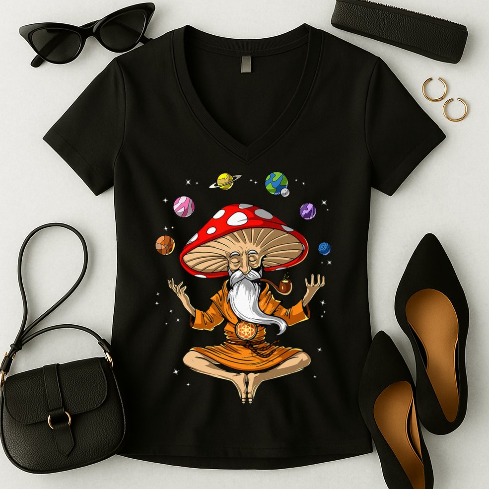 Mushroom Buddha Zen Yoga Meditation Psychedelic Hippie Fungi Women's V-Neck T-Shirt