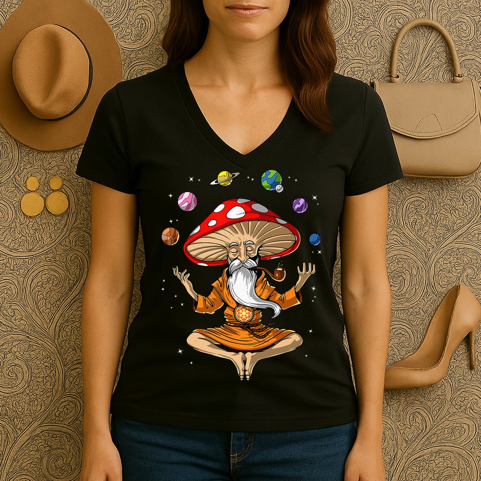Mushroom Buddha Zen Yoga Meditation Psychedelic Hippie Fungi Women's V-Neck T-Shirt