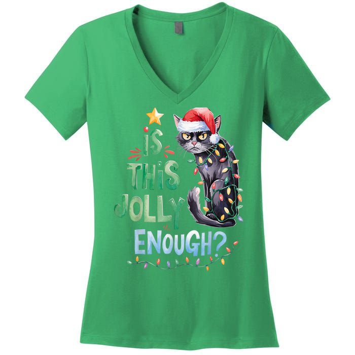 Merry Christmas 2024 Is This Jolly Enough Noel Black Cat Xmas Gift Women's V-Neck T-Shirt