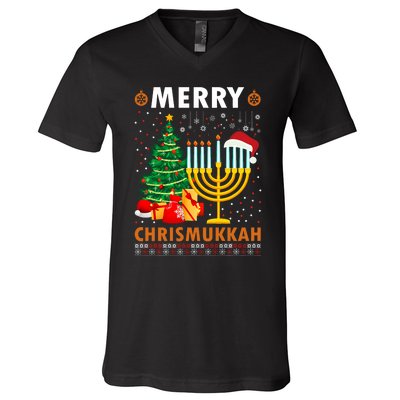 Merry Chrismukkah 2021 Happy Hanukkah Christmas Santa Hat V-Neck T-Shirt