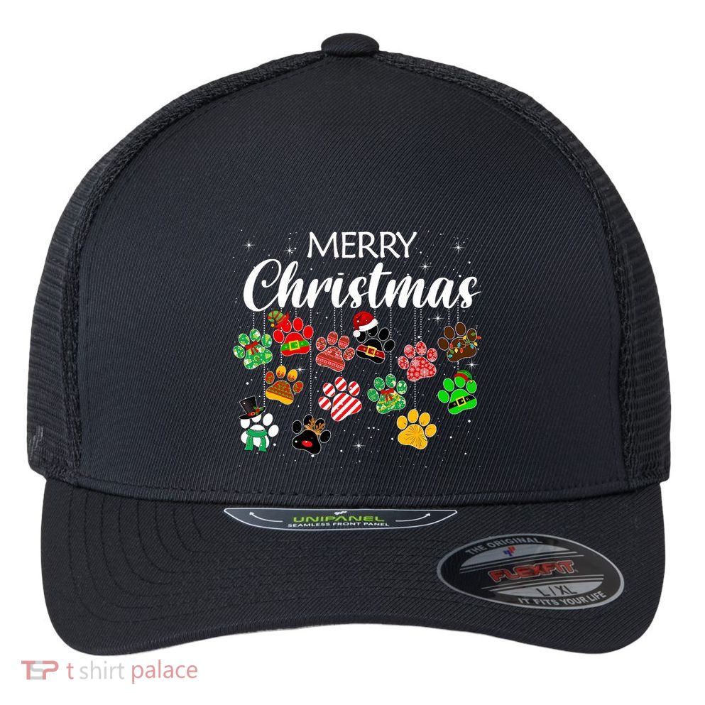 Merry Christmas 2021 Dog Paw Print Buffalo Plaid Ugly Xmas Flexfit Unipanel Trucker Cap