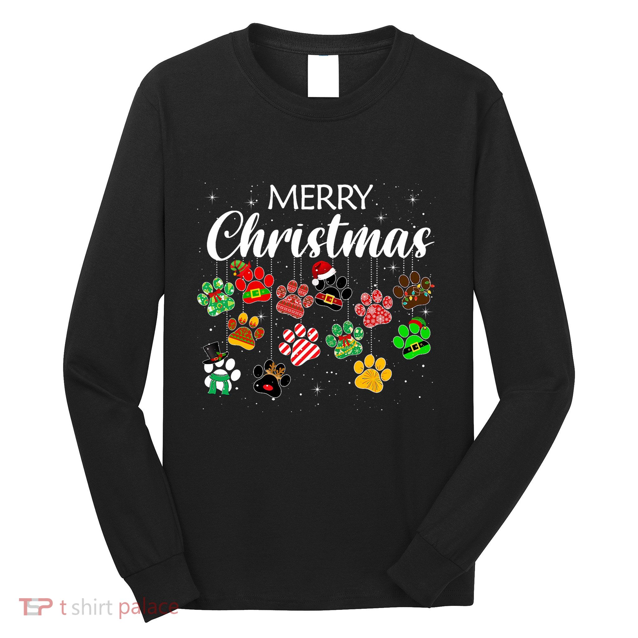 Merry Christmas 2021 Dog Paw Print Buffalo Plaid Ugly Xmas Long Sleeve Shirt