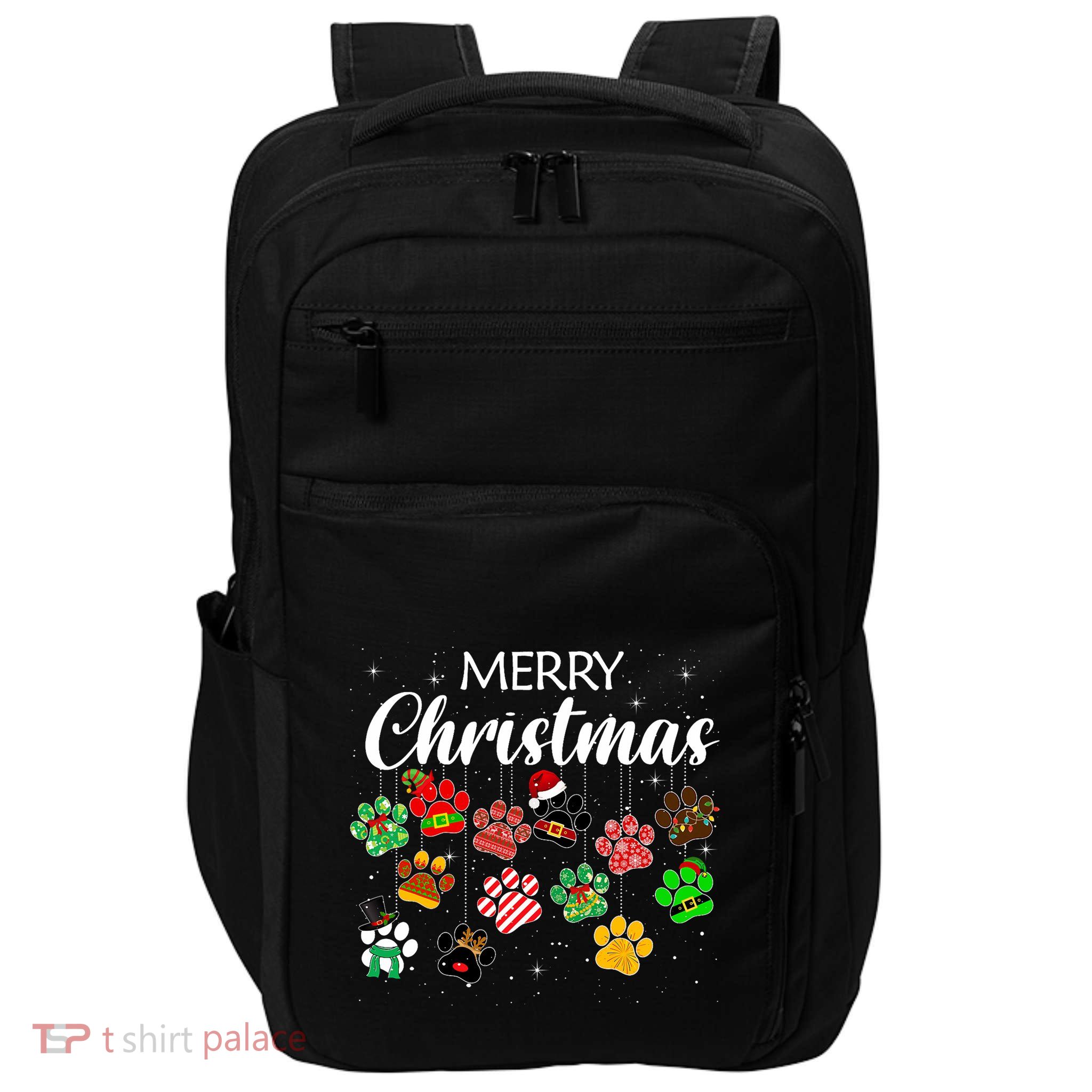 Merry Christmas 2021 Dog Paw Print Buffalo Plaid Ugly Xmas Impact Tech Backpack