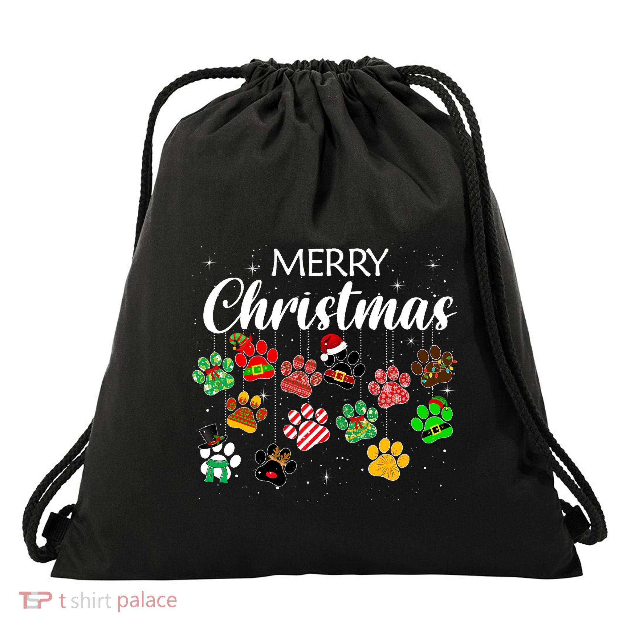 Merry Christmas 2021 Dog Paw Print Buffalo Plaid Ugly Xmas Drawstring Bag