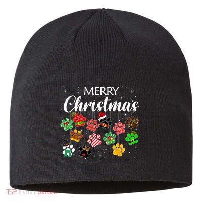 Merry Christmas 2021 Dog Paw Print Buffalo Plaid Ugly Xmas Sustainable Beanie