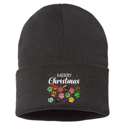Merry Christmas 2021 Dog Paw Print Buffalo Plaid Ugly Xmas Sustainable Knit Beanie