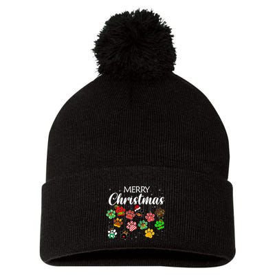 Merry Christmas 2021 Dog Paw Print Buffalo Plaid Ugly Xmas Pom Pom 12in Knit Beanie