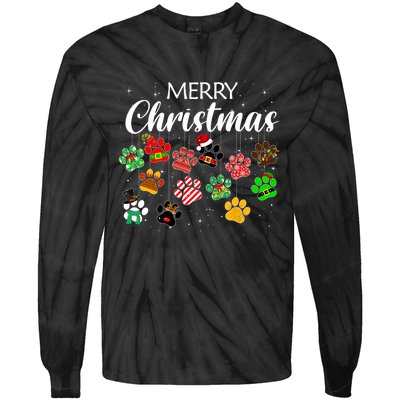 Merry Christmas 2021 Dog Paw Print Buffalo Plaid Ugly Xmas Tie-Dye Long Sleeve Shirt