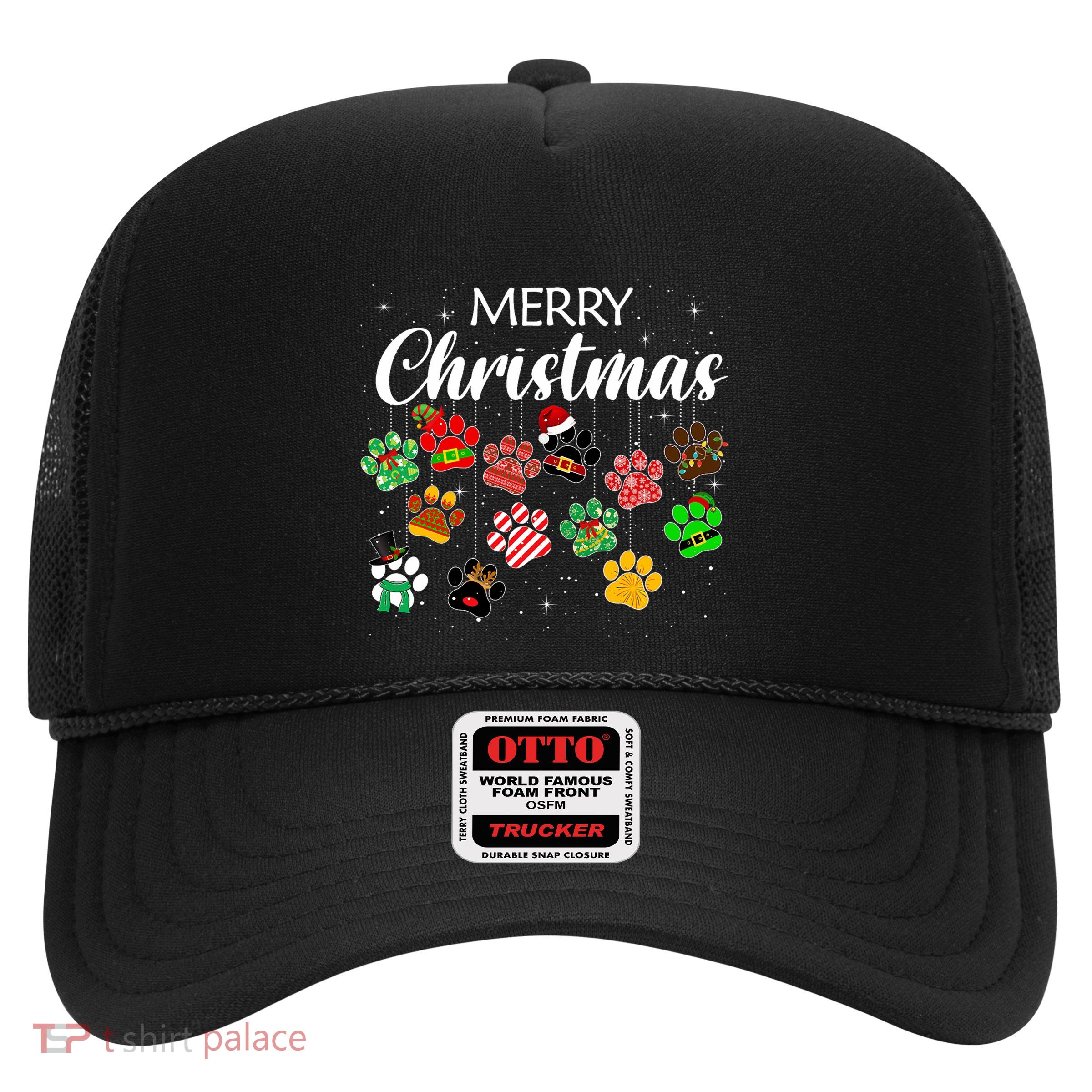 Merry Christmas 2021 Dog Paw Print Buffalo Plaid Ugly Xmas Trucker Hat