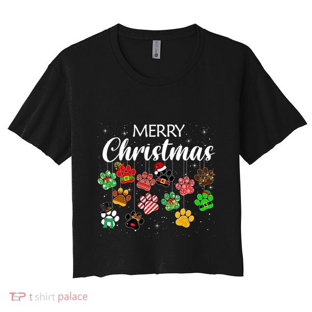 Merry Christmas 2021 Dog Paw Print Buffalo Plaid Ugly Xmas Crop Top