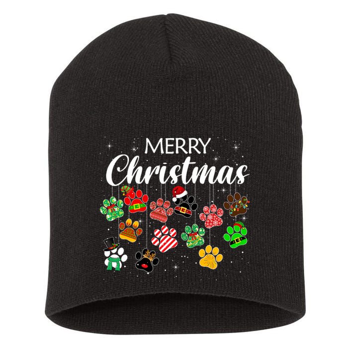 Merry Christmas 2021 Dog Paw Print Buffalo Plaid Ugly Xmas Short Acrylic Beanie