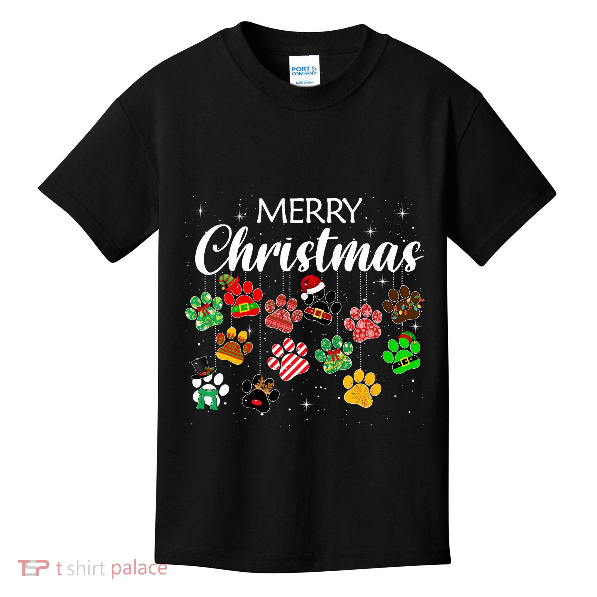 Merry Christmas 2021 Dog Paw Print Buffalo Plaid Ugly Xmas Kids T-Shirt