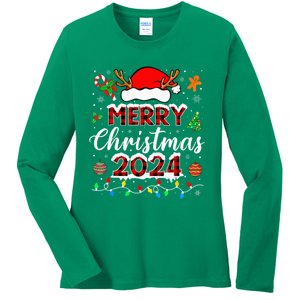 Merry Christmas 2024 Family Squad Matching Outfit Santa Ladies Long Sleeve Shirt