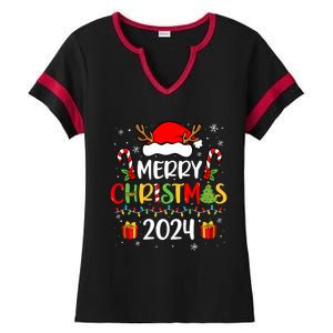 Merry Christmas 2024 Santa Hat Matching Family Pajamas Xmas Ladies Halftime Notch Neck Tee