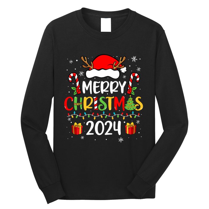 Merry Christmas 2024 Santa Hat Matching Family Pajamas Xmas Long Sleeve Shirt