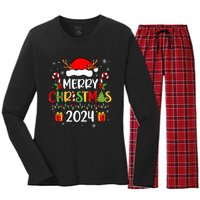 Merry Christmas 2024 Santa Hat Matching Family Pajamas Xmas Women's Long Sleeve Flannel Pajama Set 