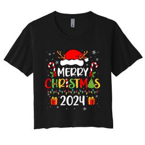 Merry Christmas 2024 Santa Hat Matching Family Pajamas Xmas Women's Crop Top Tee