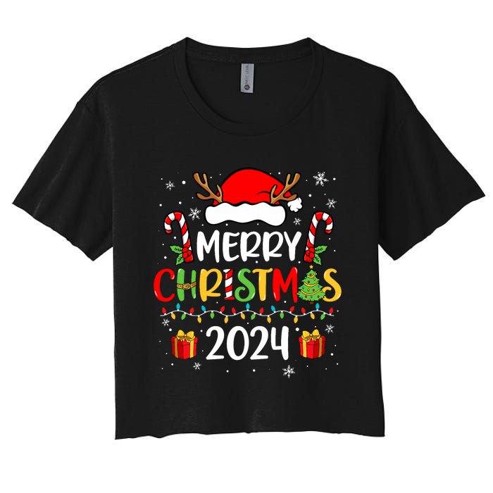 Merry Christmas 2024 Santa Hat Matching Family Pajamas Xmas Women's Crop Top Tee