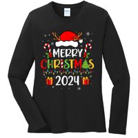 Merry Christmas 2024 Santa Hat Matching Family Pajamas Xmas Ladies Long Sleeve Shirt