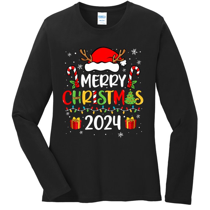 Merry Christmas 2024 Santa Hat Matching Family Pajamas Xmas Ladies Long Sleeve Shirt