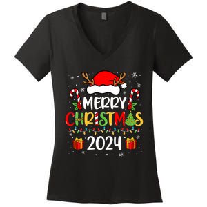 Merry Christmas 2024 Santa Hat Matching Family Pajamas Xmas Women's V-Neck T-Shirt