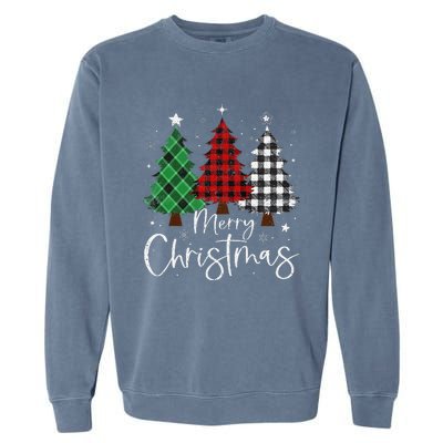 Merry Christmas 3 Xmas Trees Buffalo Plaid Family Matching Garment-Dyed Sweatshirt