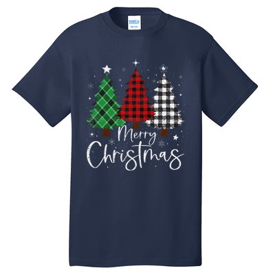 Merry Christmas 3 Xmas Trees Buffalo Plaid Family Matching Tall T-Shirt